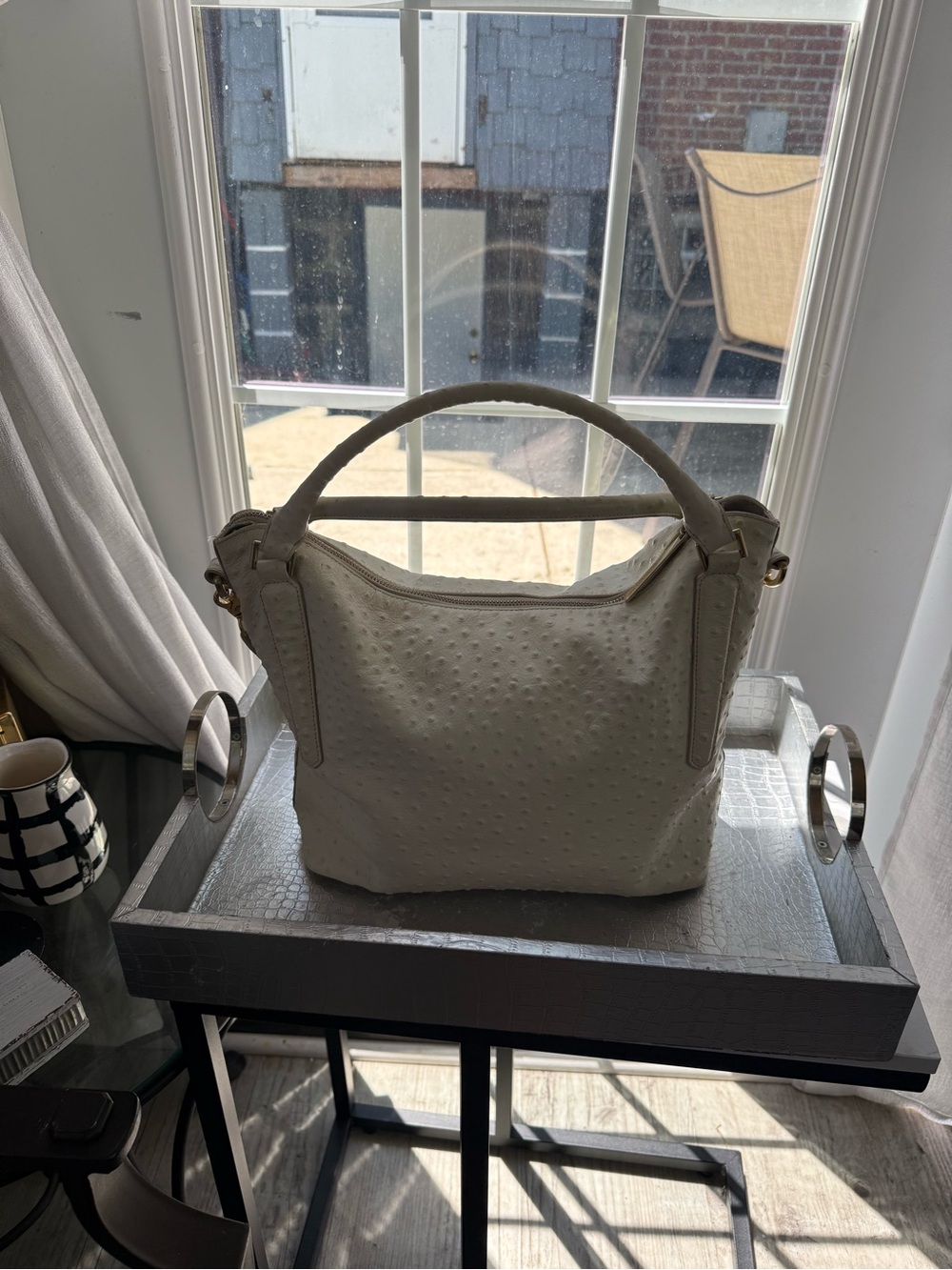 Brahmin Ivory Ostrich-Texture Hobo Shoulder Bag - Picture 8 of 9